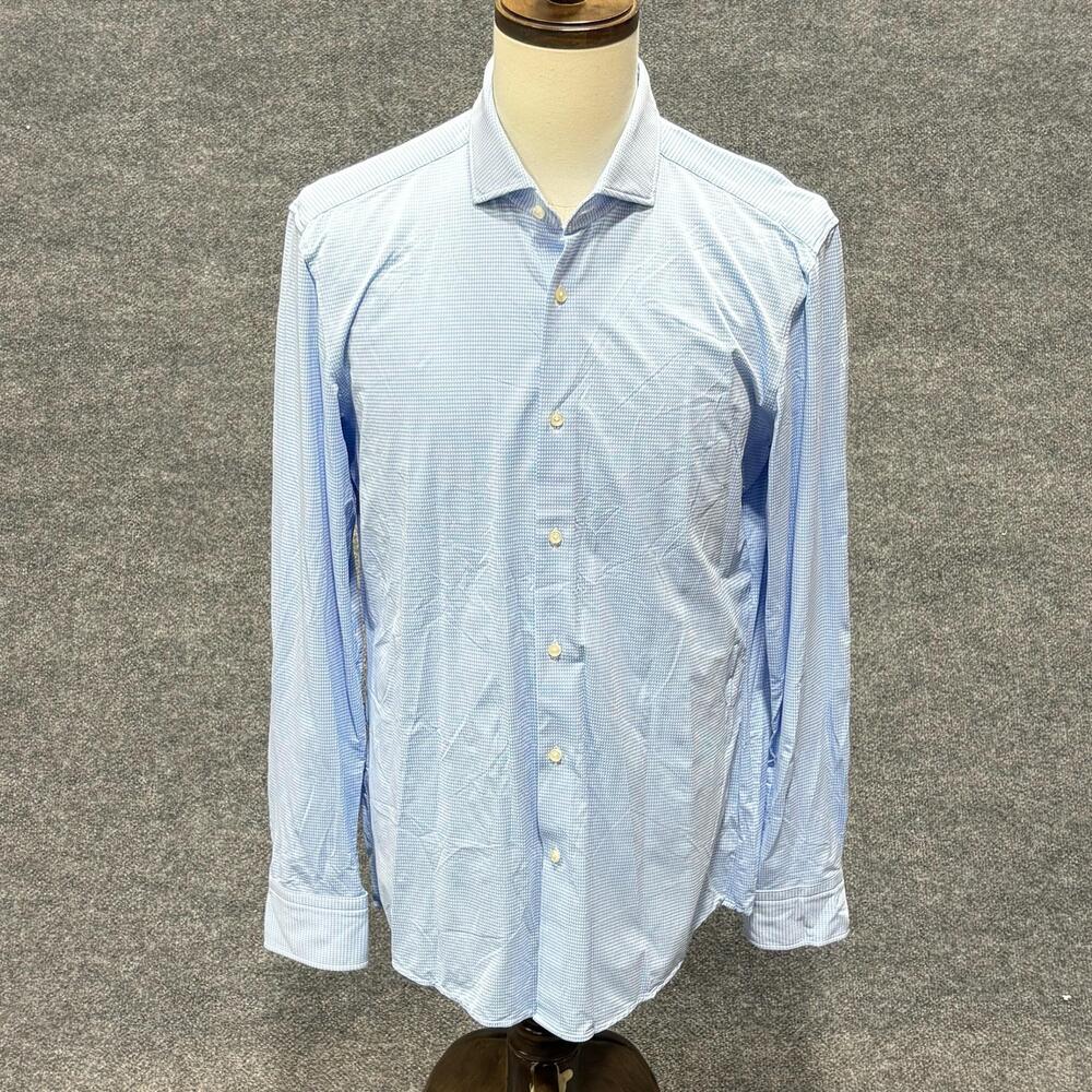 Hugo Boss Dress Shirt Mens 16.5 34/35 Blue Check Slim Fit LS Italian Fabric